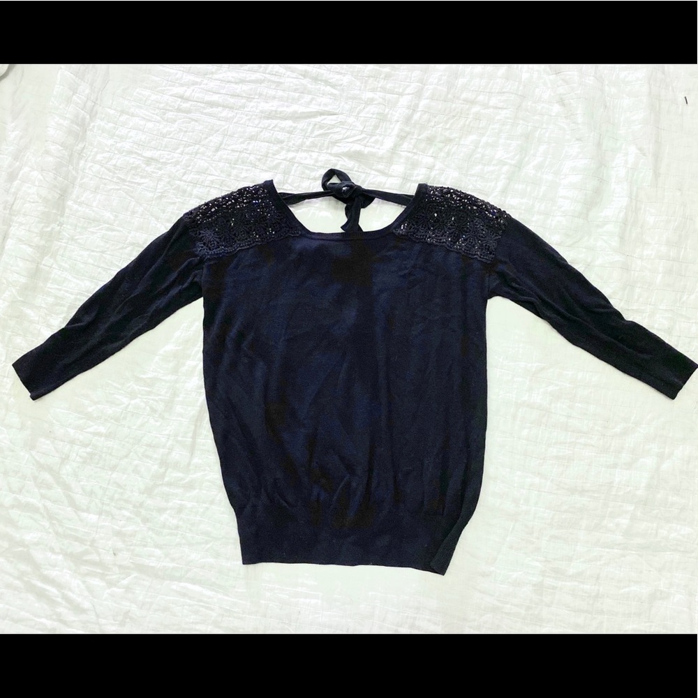 Club Monaco Navy Crochet Cutout Tie Back Sweater